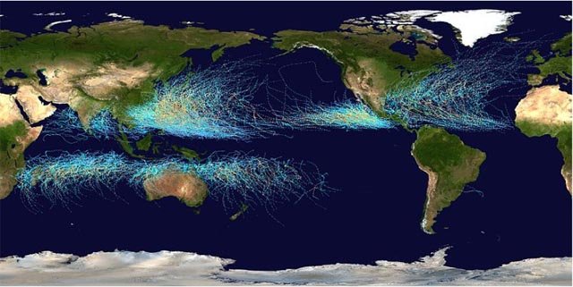 Mosaic of all tropical storms that formed in the world between 1985 and 2005. As can be seen the majority occur in the Pacific Basin. 
